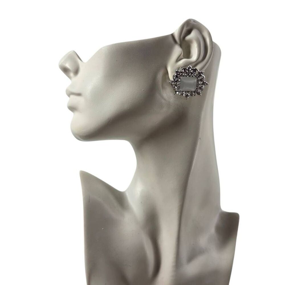 Vintage Rhinestone & Frosted Cabochon Clip-On Earrings | Silver Tone